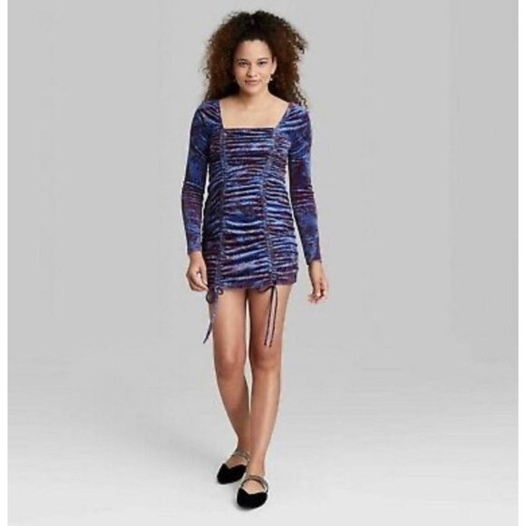 Wild Fable - Women's Long Sleeve Ruched Velvet Bodycon Dress - Blue - Small - Picture 1 of 16